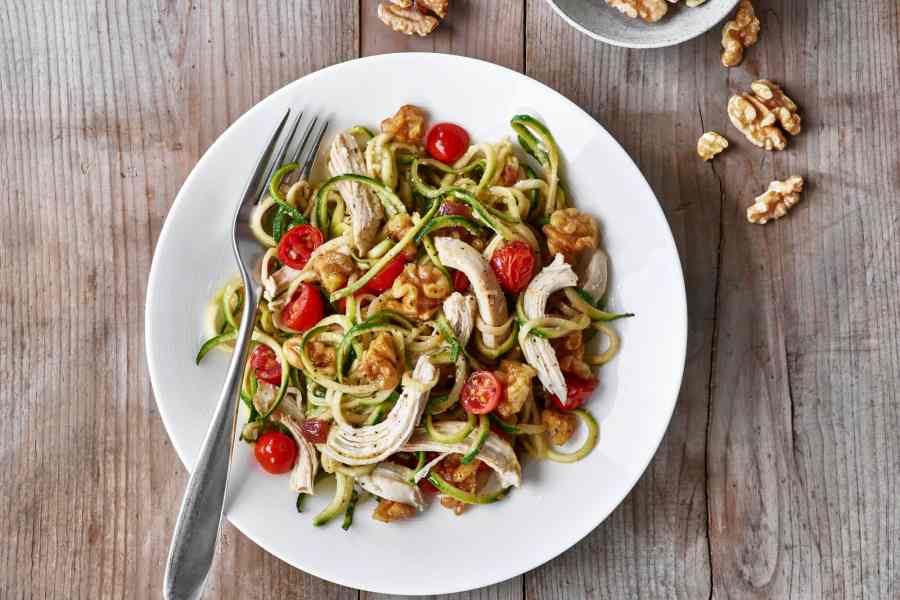 Warm Parmesan Zucchini Noodles with Chicken, Tomatoes and Walnuts